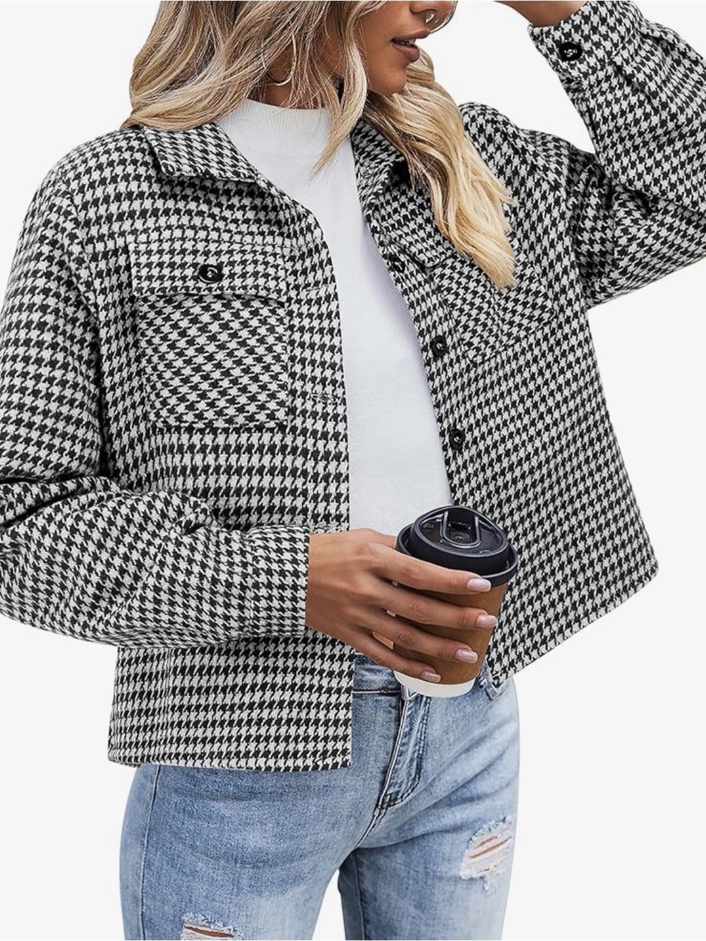 Amazon Black & White Houndstooth Cropped Jean Jacket
